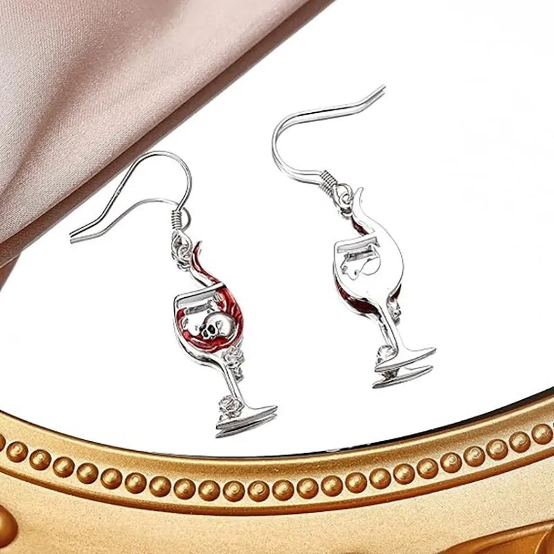 Zinc alloy Halloween earrings with geometric skull and wine glass design, electroplated metallic finish