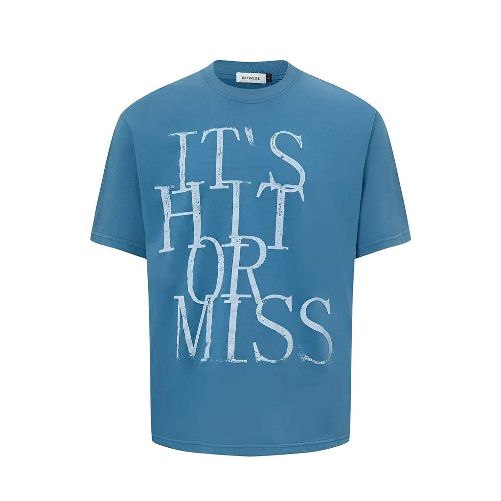 Men's blue American retro style loose-fit T-shirt with large white letter printing on the front.