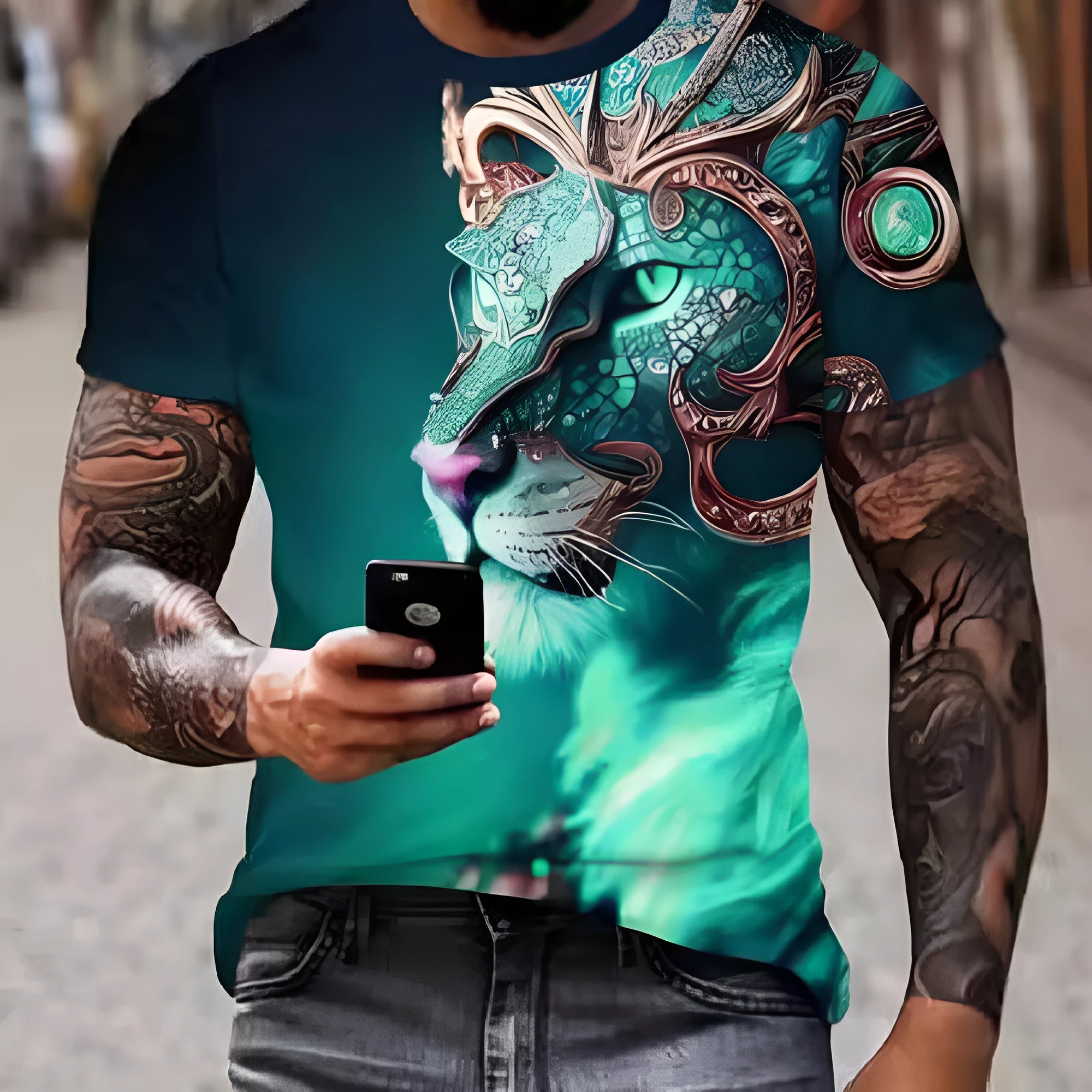Men's black T-shirt with a detailed, raised 3D lion print on the chest.