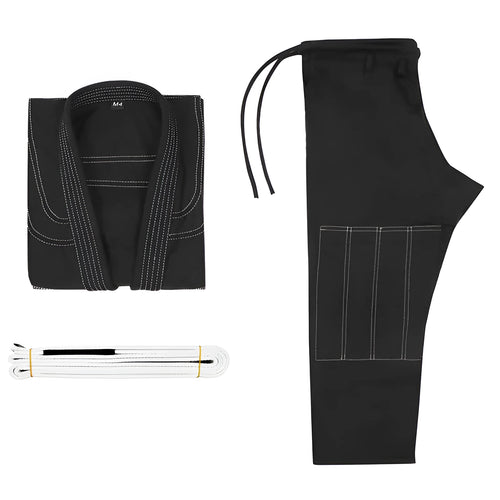 Thin Brazilian Jiu-jitsu gi training uniform in cotton blend fabric showing top and trousers