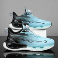 Youth men's low-top rotating button sneaker in light blue mesh with a rubber sole.