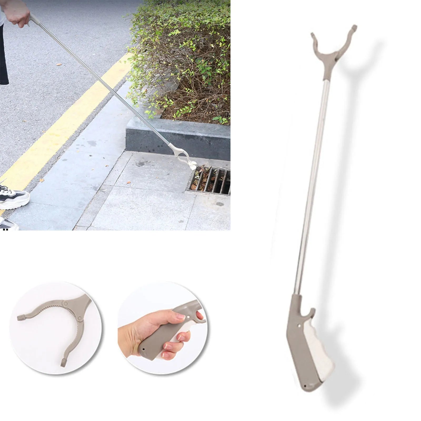 Stainless steel 40cm garbage picker with push-type handle and non-slip chuck