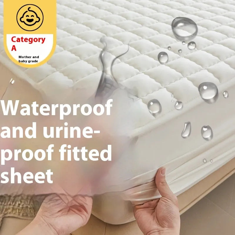 A washed cotton waterproof fitted sheet in a neutral colour, shown fitted neatly on a mattress corner.
