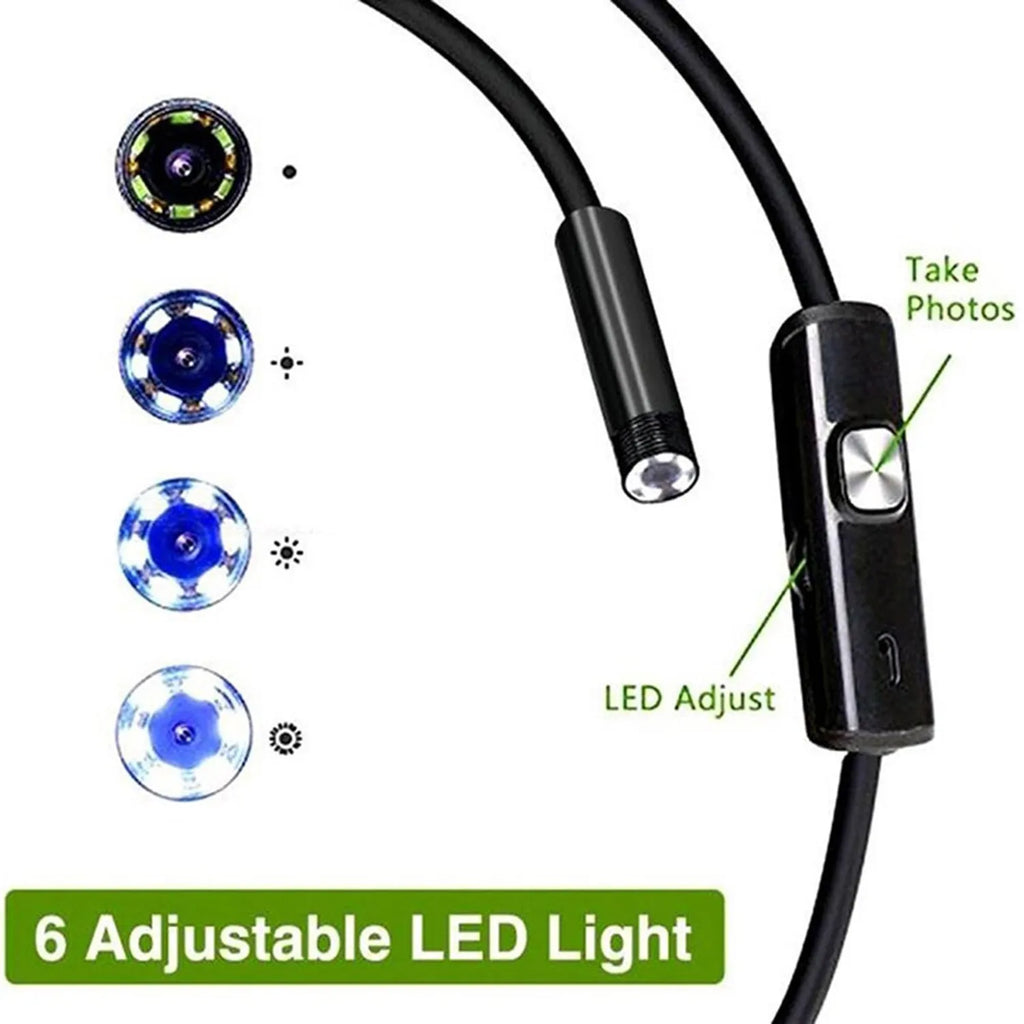 USB-C Android mobile phone endoscope with flexible cable, IP67 waterproof camera, and hook, magnet and mirror attachments.
