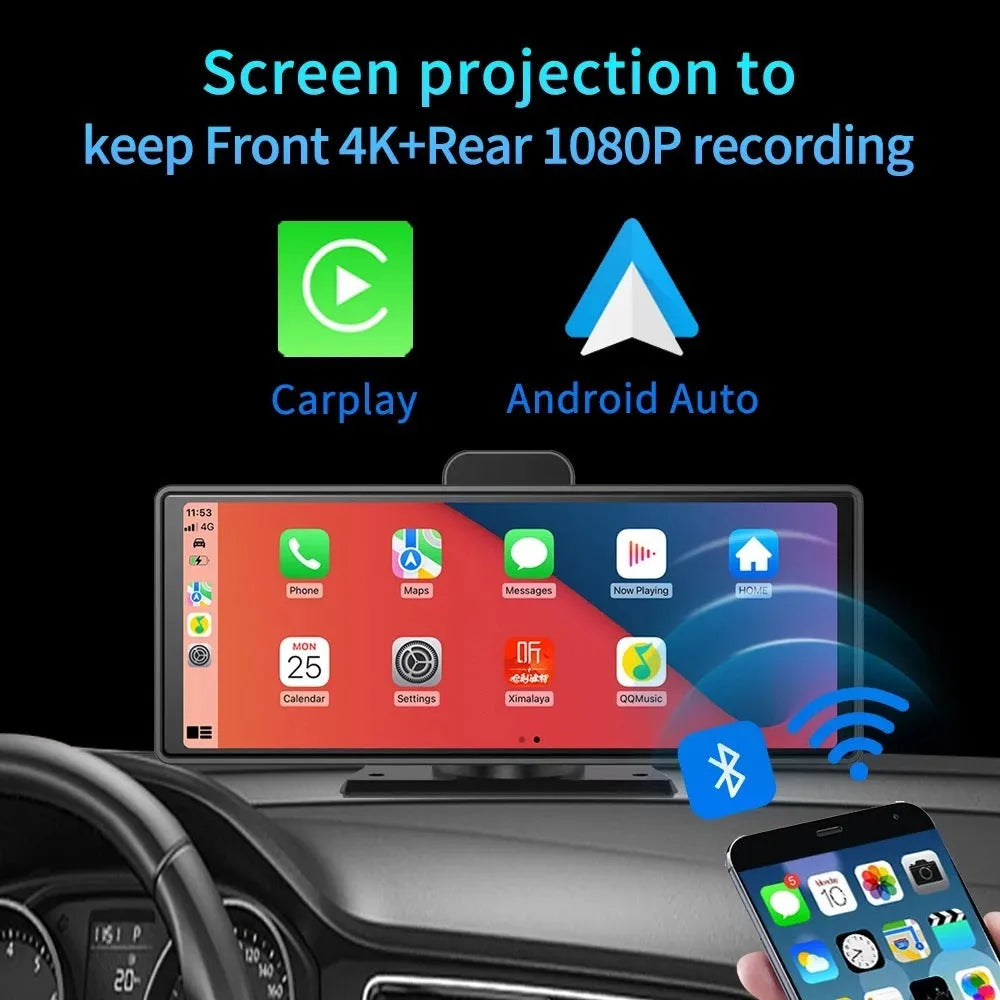 12-inch touch screen car dash cam with front and rear recording cameras displayed on split screen