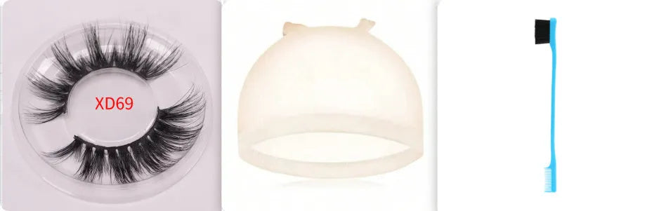 Affectionate brand 5D false eyelashes made from natural mink hair, shown with a dual-ended brush and a black hair cap.