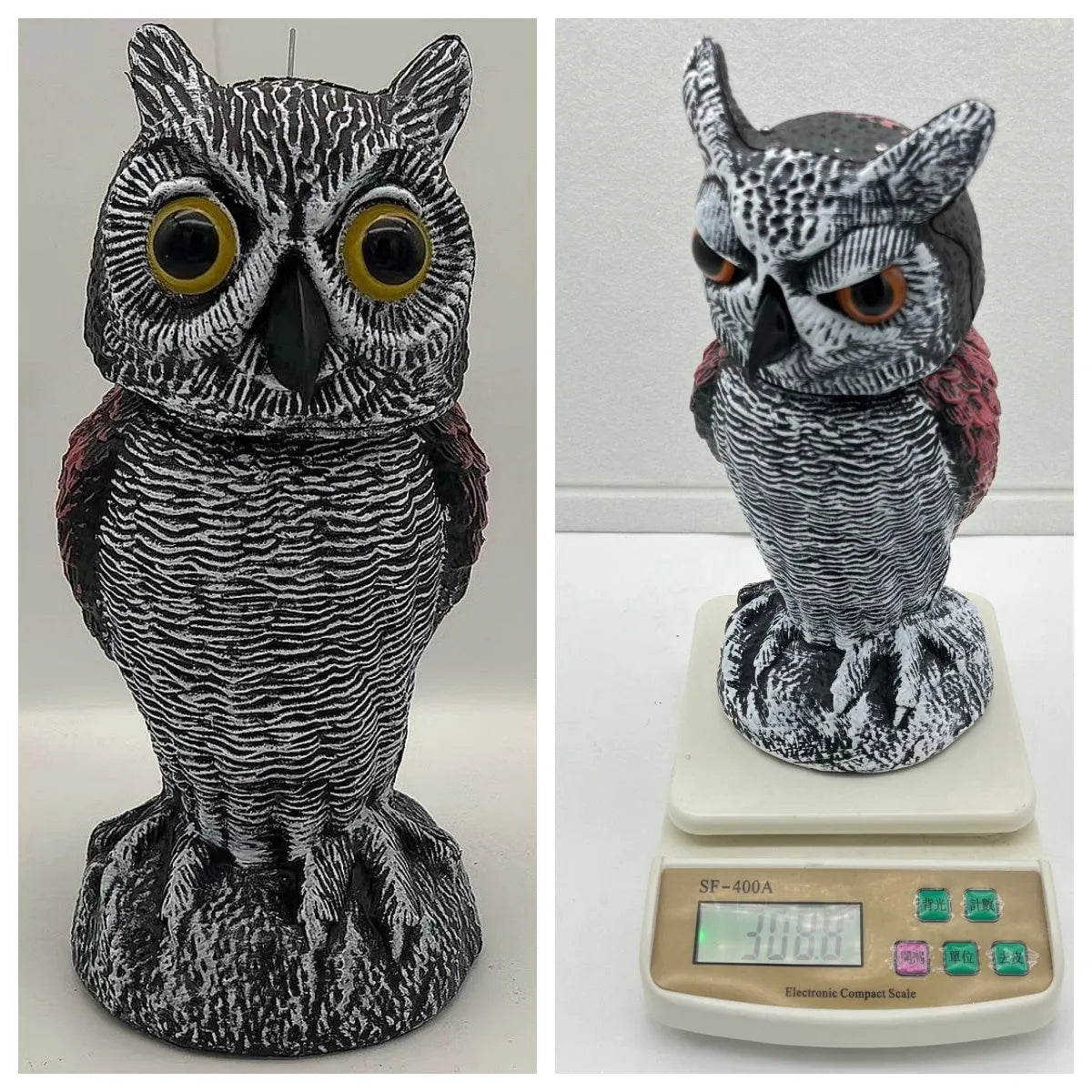 Artificial owl bird scarer ornament with motion features for outdoor garden pest control
