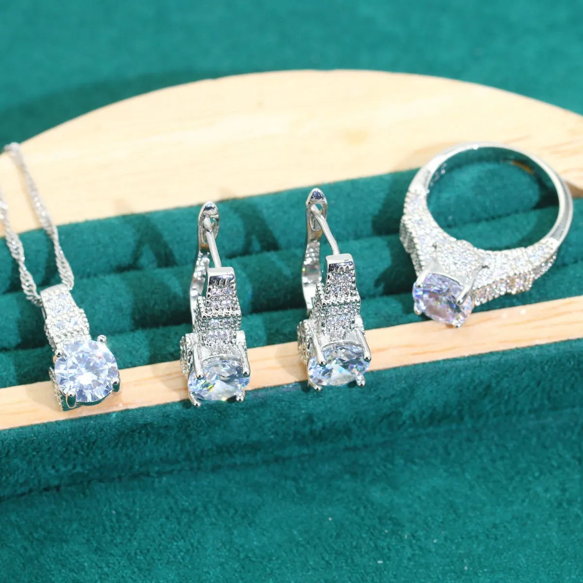 Bridal zircon jewellery set with necklace, earrings, ring and bracelet in multiple colour options