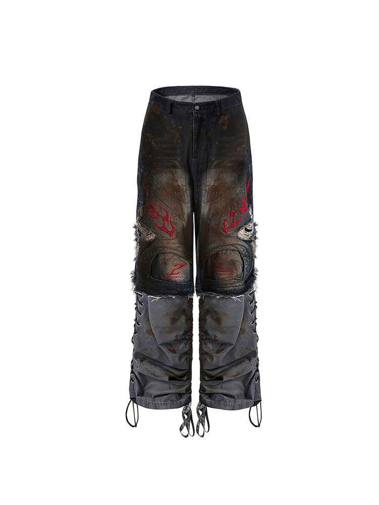 Men's retro jeans with detachable trouser legs in denim, shown in loose wide-leg fit.