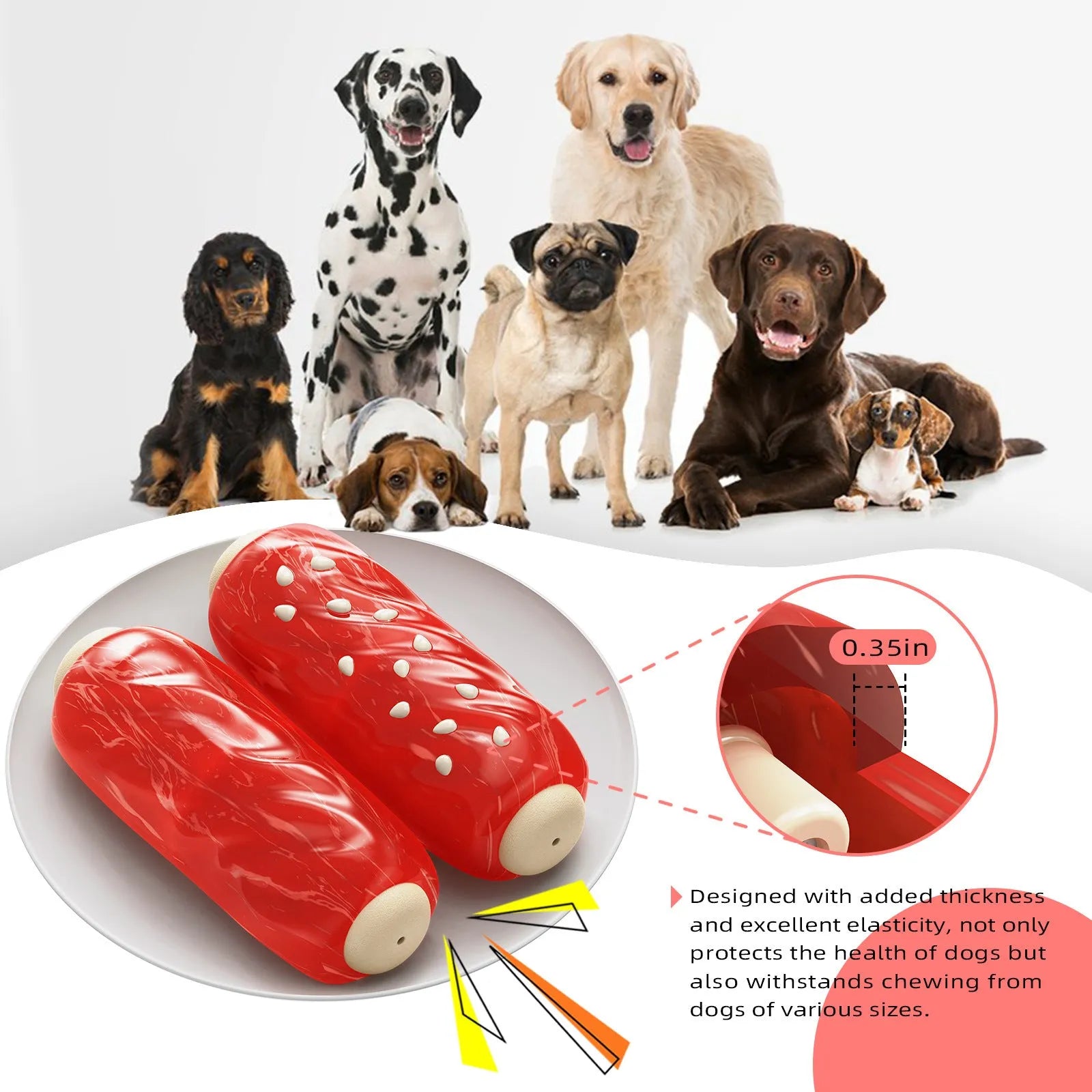 Primary colour plastic molar rod dog chew toy for dental health and interactive play.