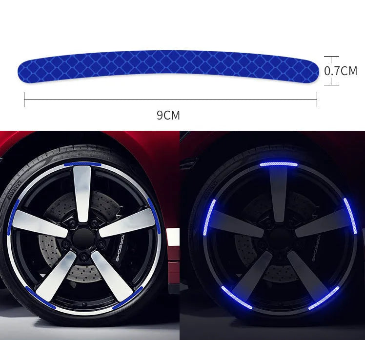 Pack of 20 multi-colour PVC reflective adhesive strips for car wheel hubs.