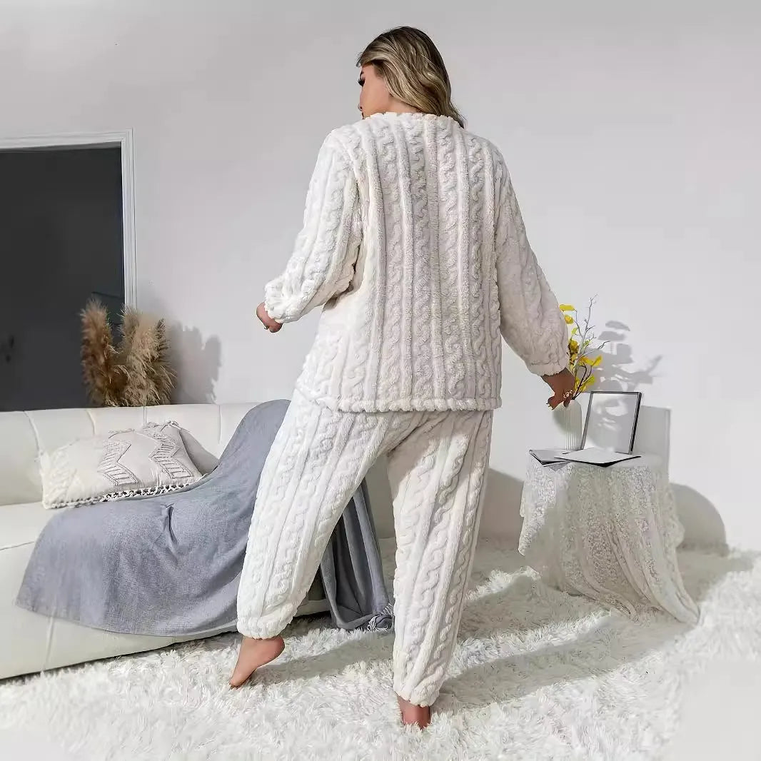 Women's milky white polyester two-piece lounge suit with crew neck top and trousers