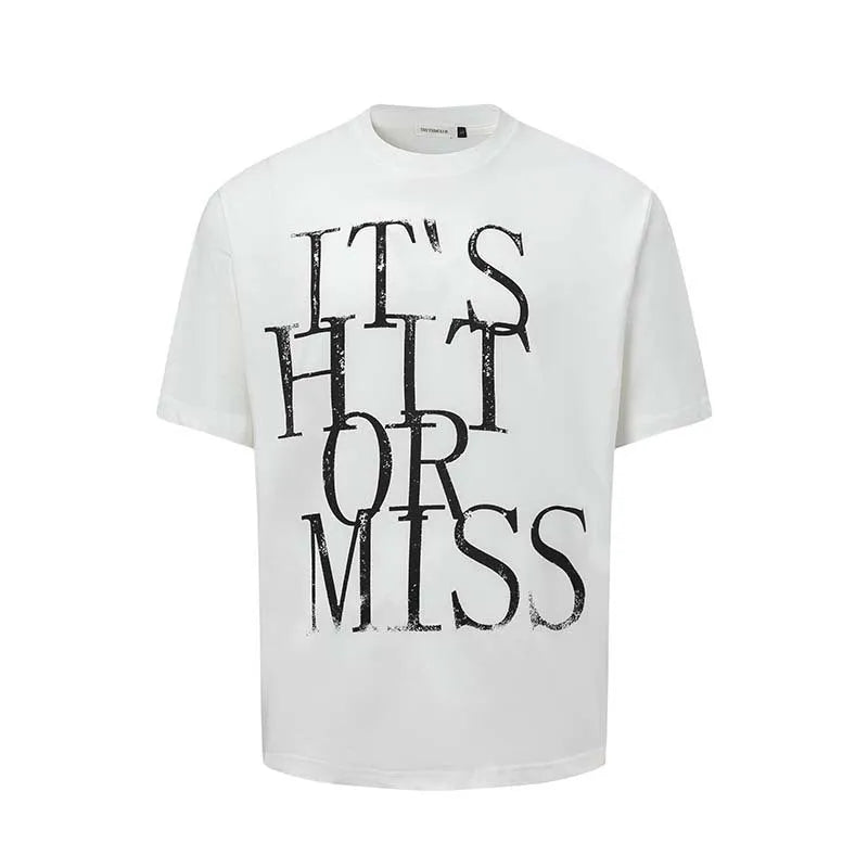 Men's blue American retro style loose-fit T-shirt with large white letter printing on the front.