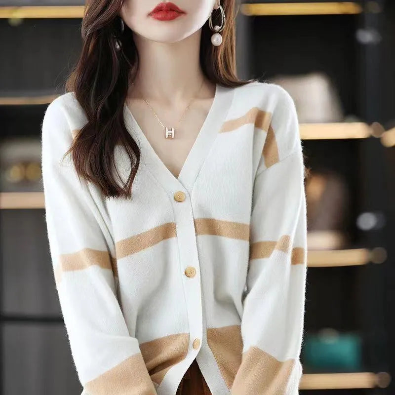 Women's 3D striped knitted cardigan with V-neck and buttons in black and white, green, camel, or black apricot.