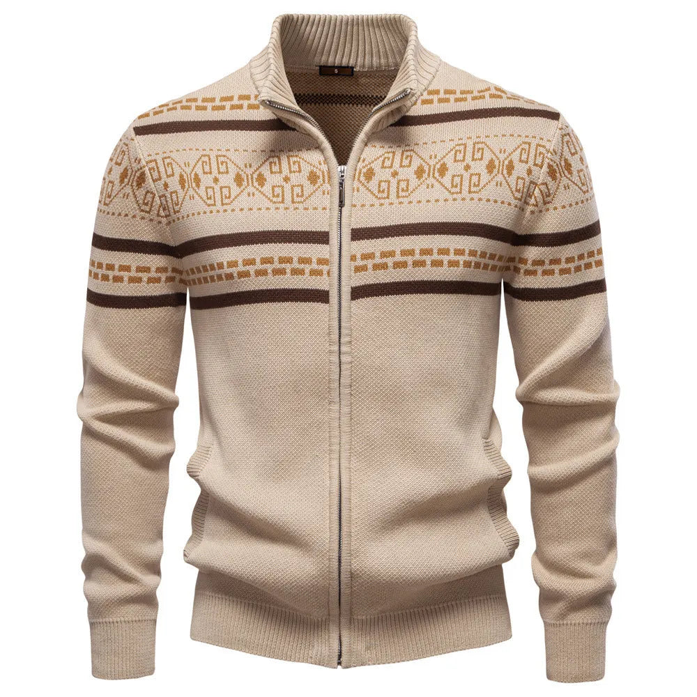 Cotton men's fashion sweater zipper knitted jacket in slim fit, colour army green