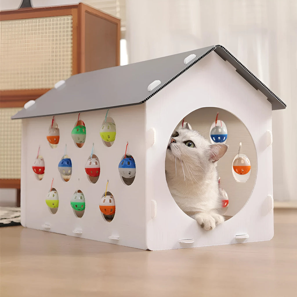 Integrated cat scratch board and nest toy with bell ball tunnel for house cats