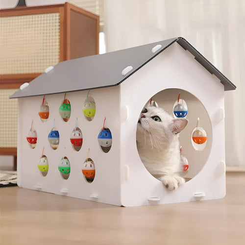 Integrated cat scratch board and nest toy with bell ball tunnel for house cats