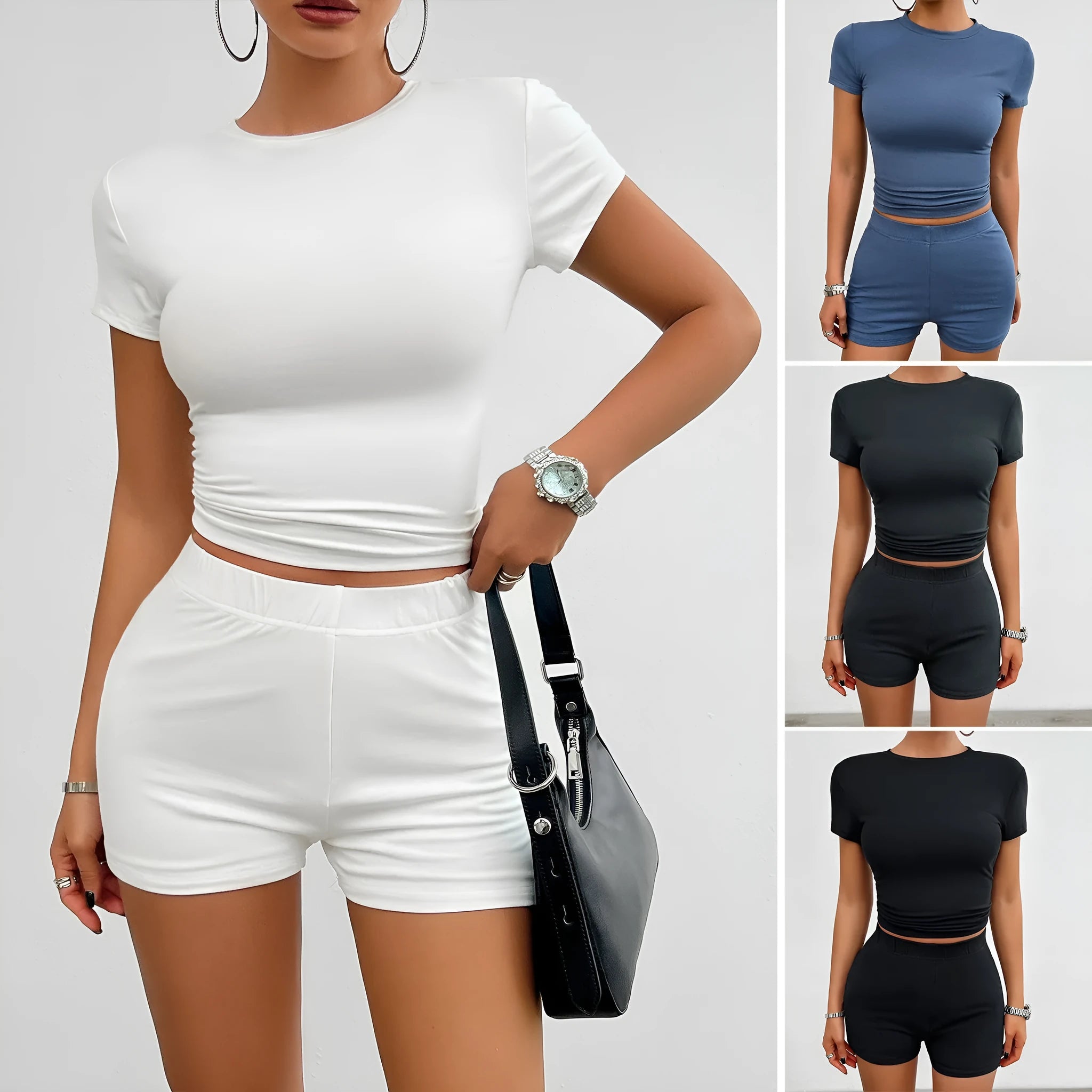 Solid colour women's sportswear set featuring a slim fit t-shirt and elasticated shorts.