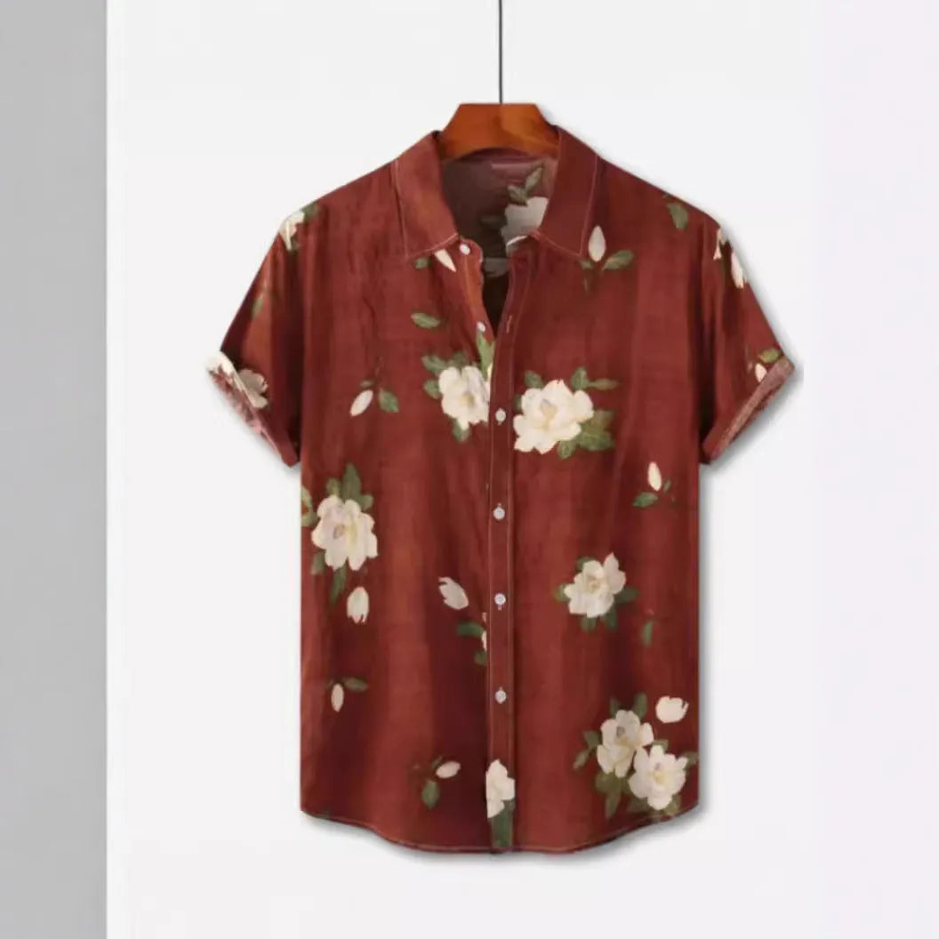 Hawaiian print short sleeve shirt with lapel collar showing floral digital printing on elastic polyester fabric