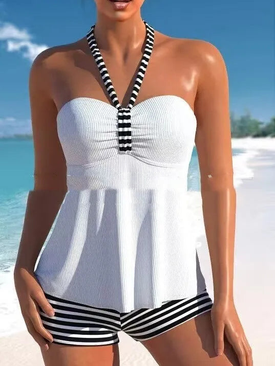 Women's off-shoulder swimsuit in black and white striped design with briefs style