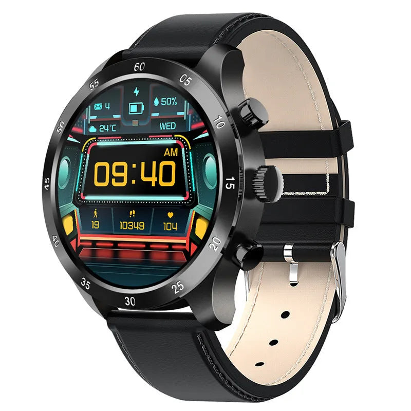 Black smart watch with touch screen displaying heart rate and call functions