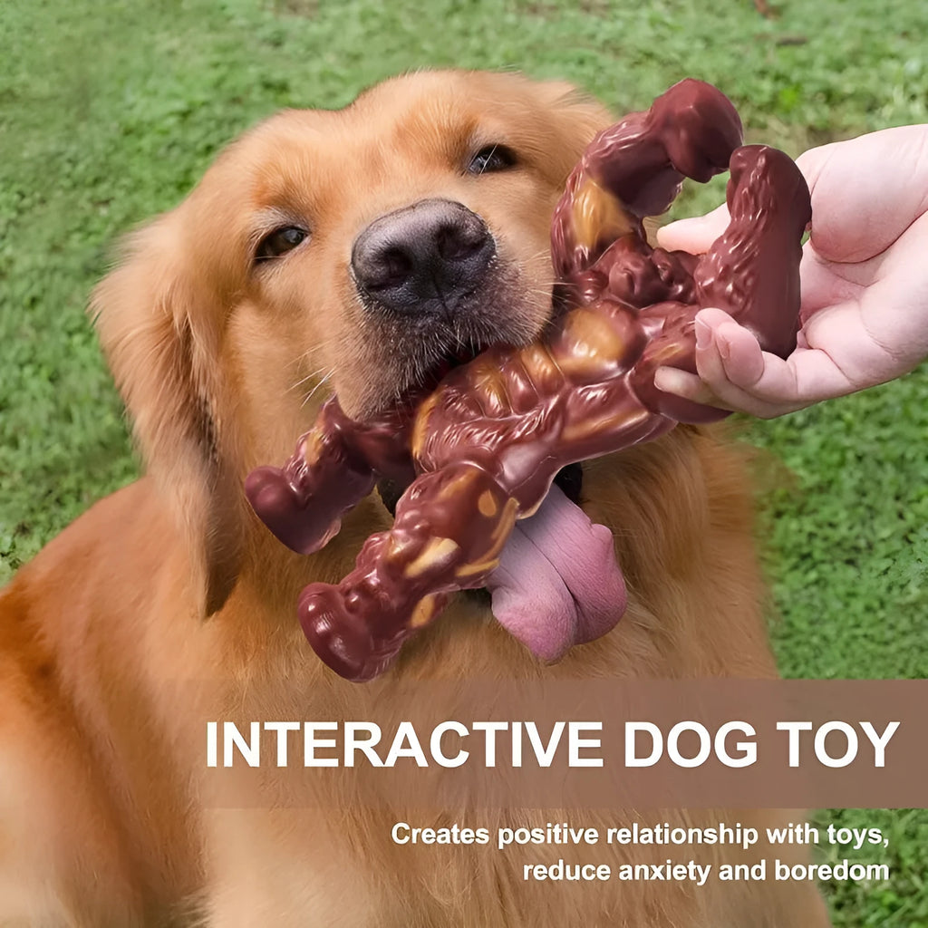 Scarlet red nylon dog chew toy with beef flavour, shown next to a measuring tape indicating 10.7 by 17.2 cm size.