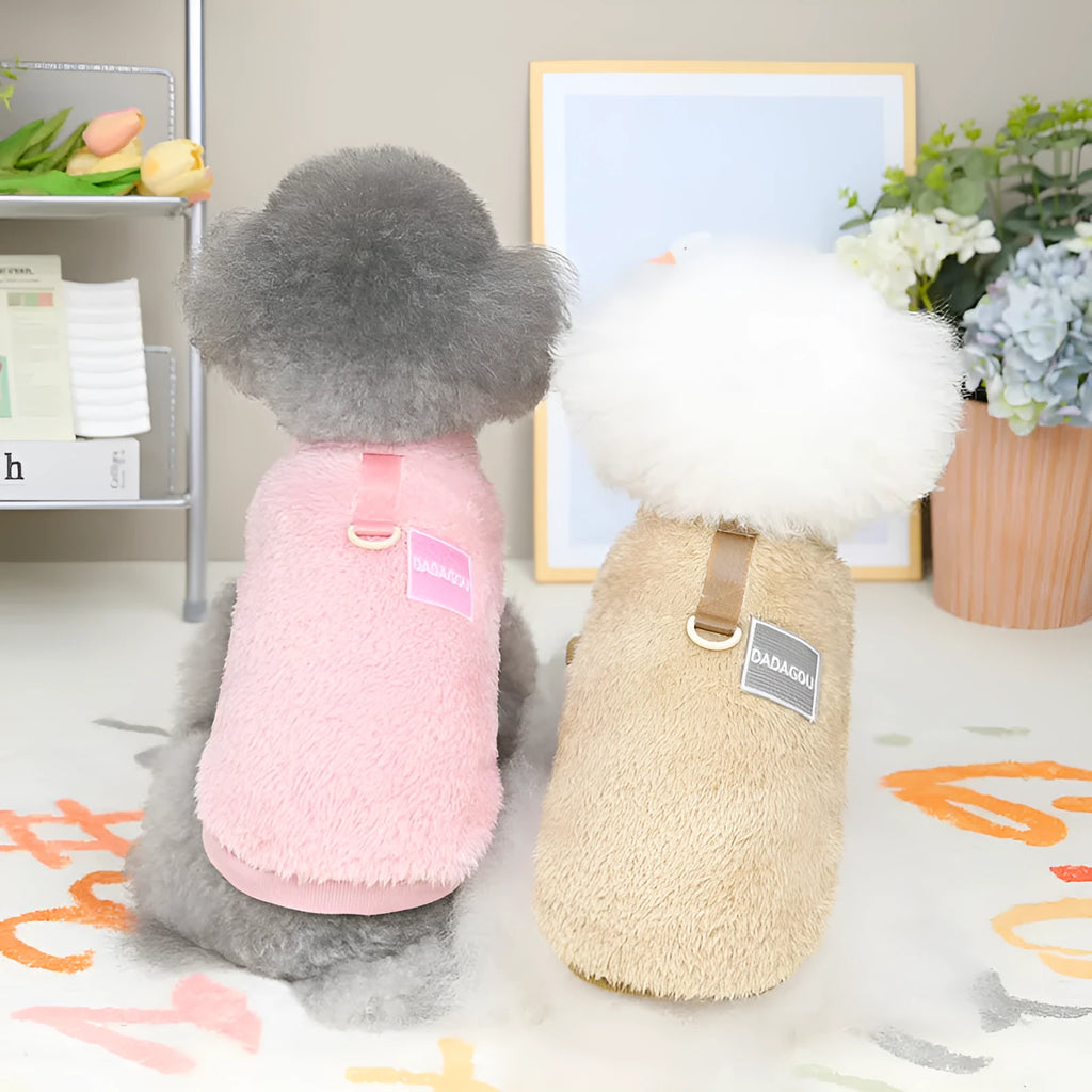Coral fleece pet jacket with colourful pull rings in blue colour option