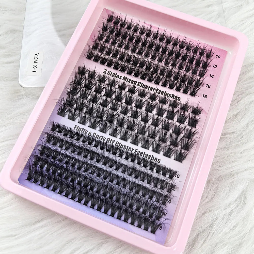 A high imitation material box containing a mix of false eyelashes, showing the product's size and organisation.