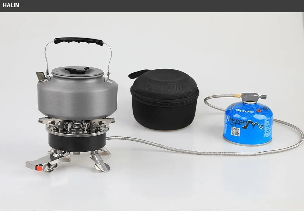 Silver portable split camping stove made of stainless steel and copper, showing its compact size and 100cm connecting hose.