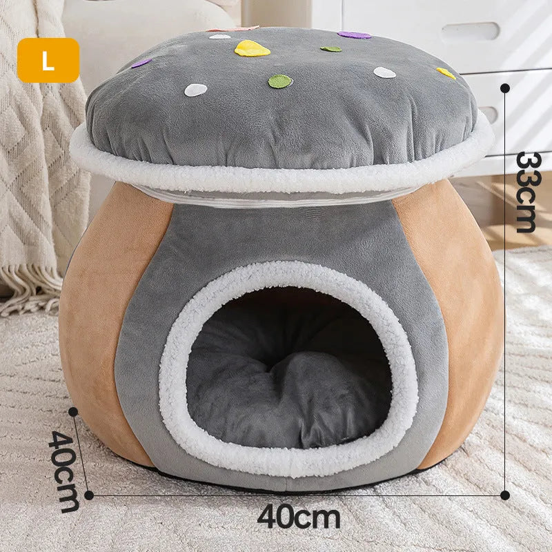 Purple mushroom-shaped plush cat nest bed for pets on a wooden floor