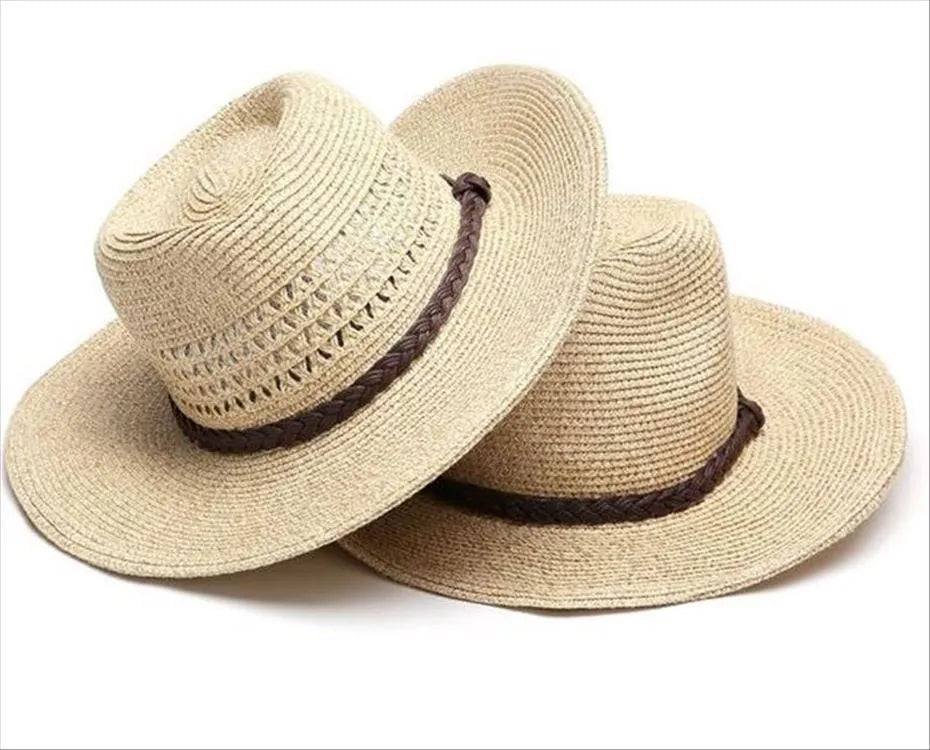 Men's foldable wide-brim straw sun hat in beige colour for summer outdoor use