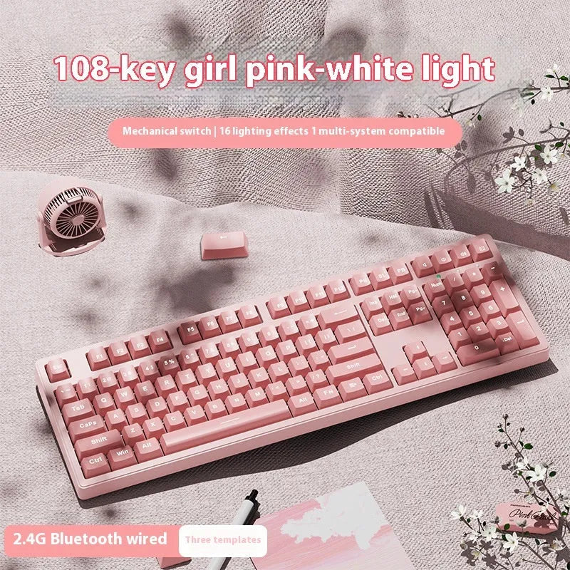 Triple-mode mechanical keyboard in various colour options showing 87-key and 108-key layouts