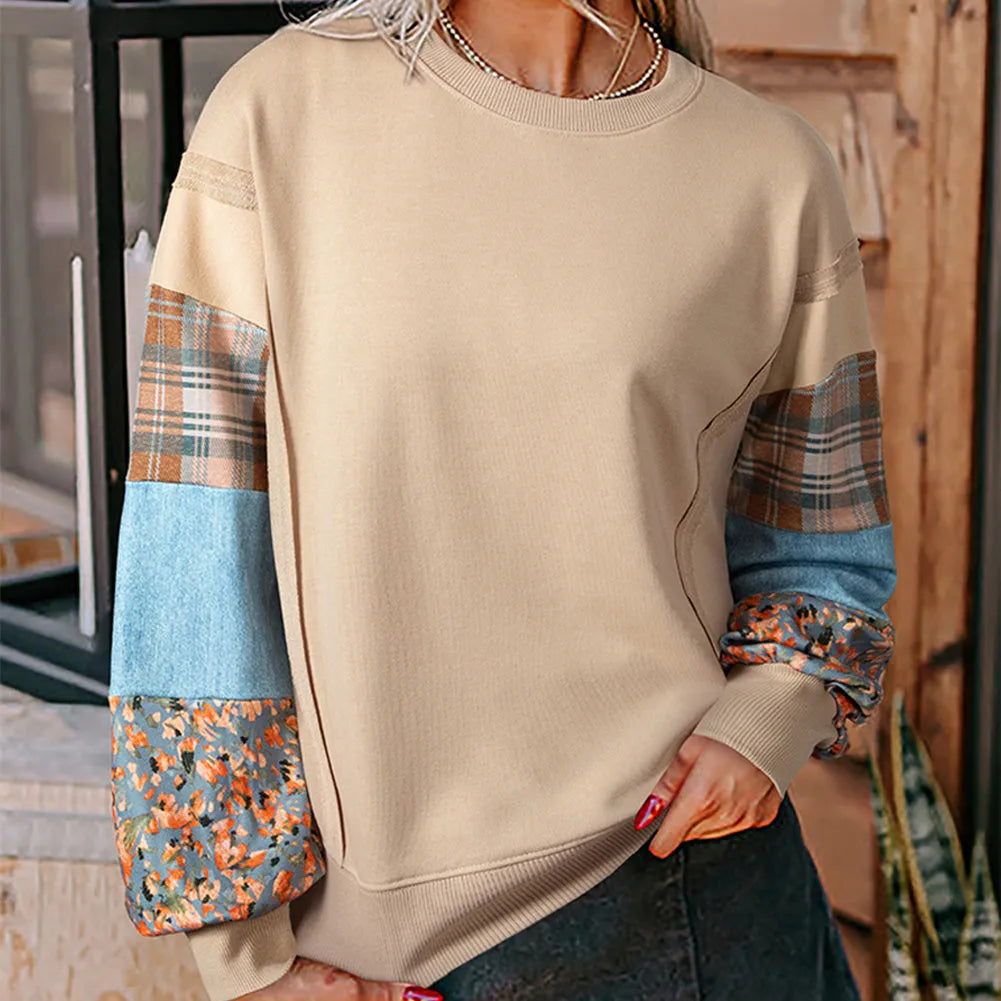 Women's plaid stitching long-sleeved top in apricot colour, loose casual style
