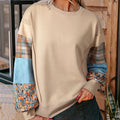 Women's plaid stitching long-sleeved top in apricot colour, loose casual style