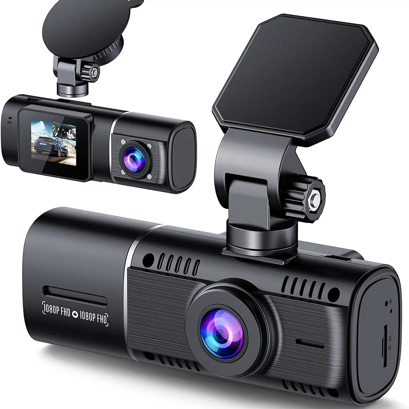 Black dual-channel dash cam on a car windscreen with front and rear recording, 1.5-inch screen.