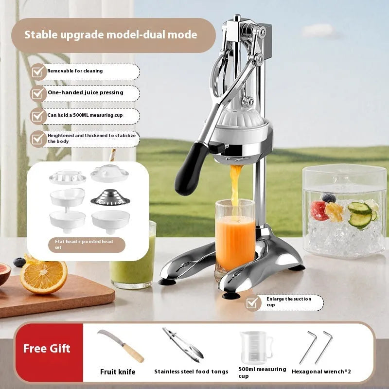 Manual stainless steel and nylon citrus juicer on a countertop, 480cm size with flat mould head.