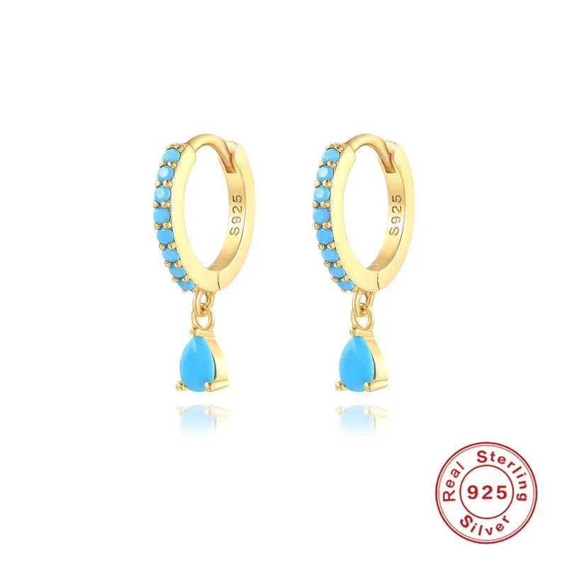 S925 sterling silver geometric water drop earrings with electroplated finish and gemstone accents