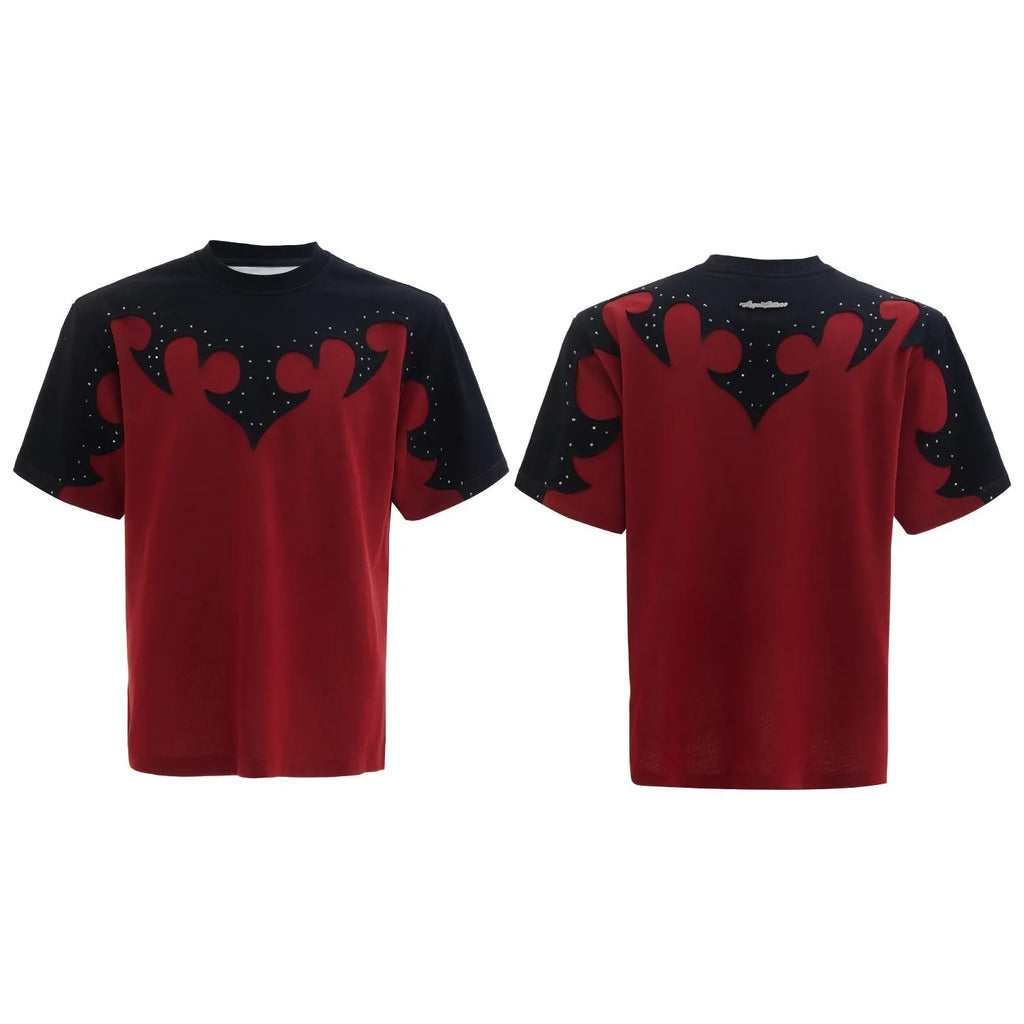 Men's red cotton t-shirt with three-dimensional stitching and rhinestone flower decoration, round neck with short drop-shoulder sleeves
