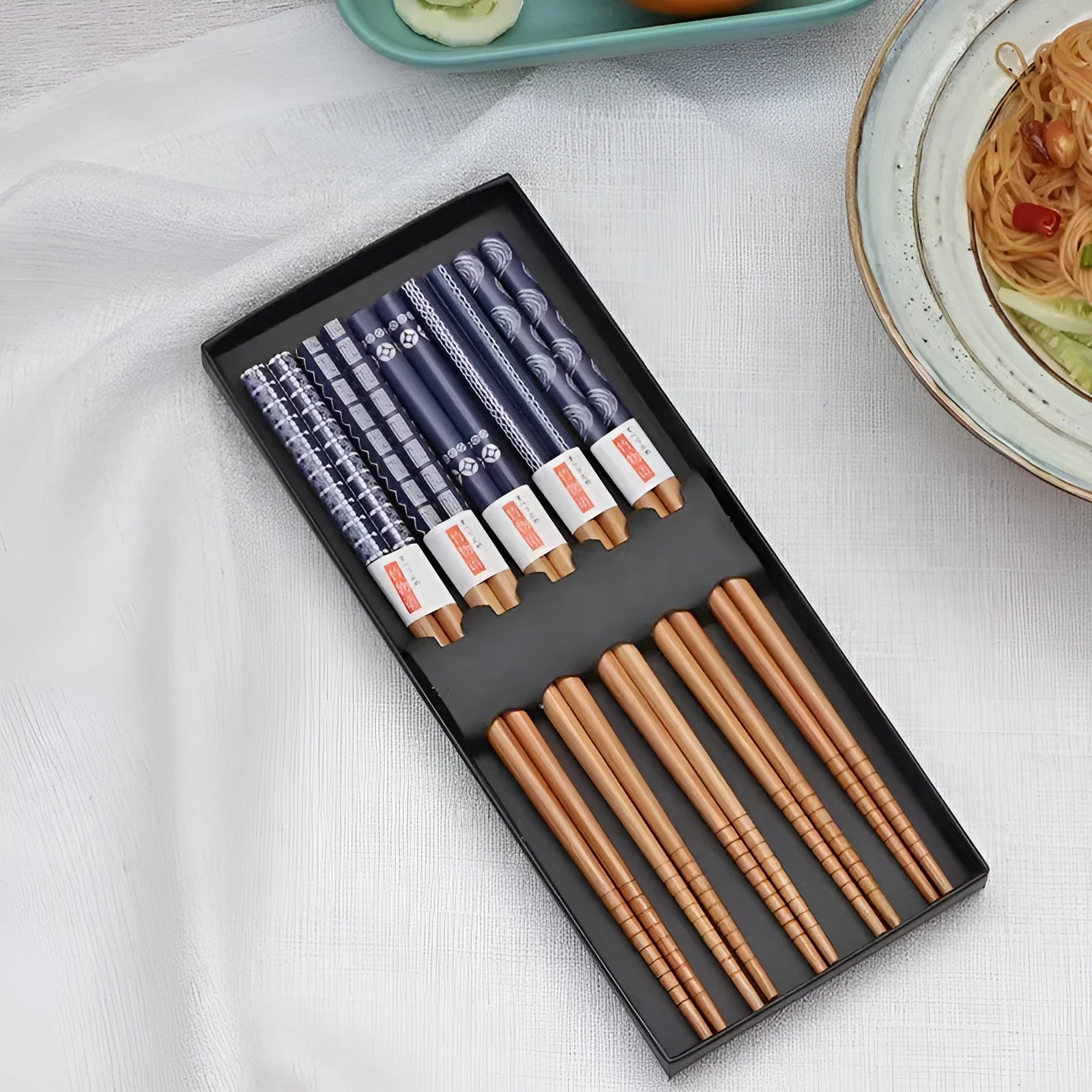 Japanese style bamboo chopsticks with cartoon patterns in lucky cat or elegant blue designs
