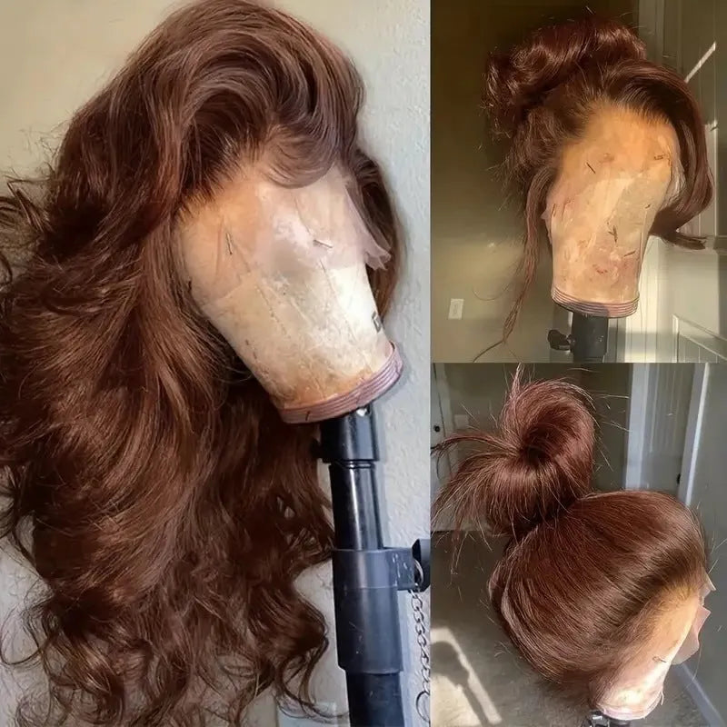 Dark brown long curly synthetic wig with side bangs and a lace front.
