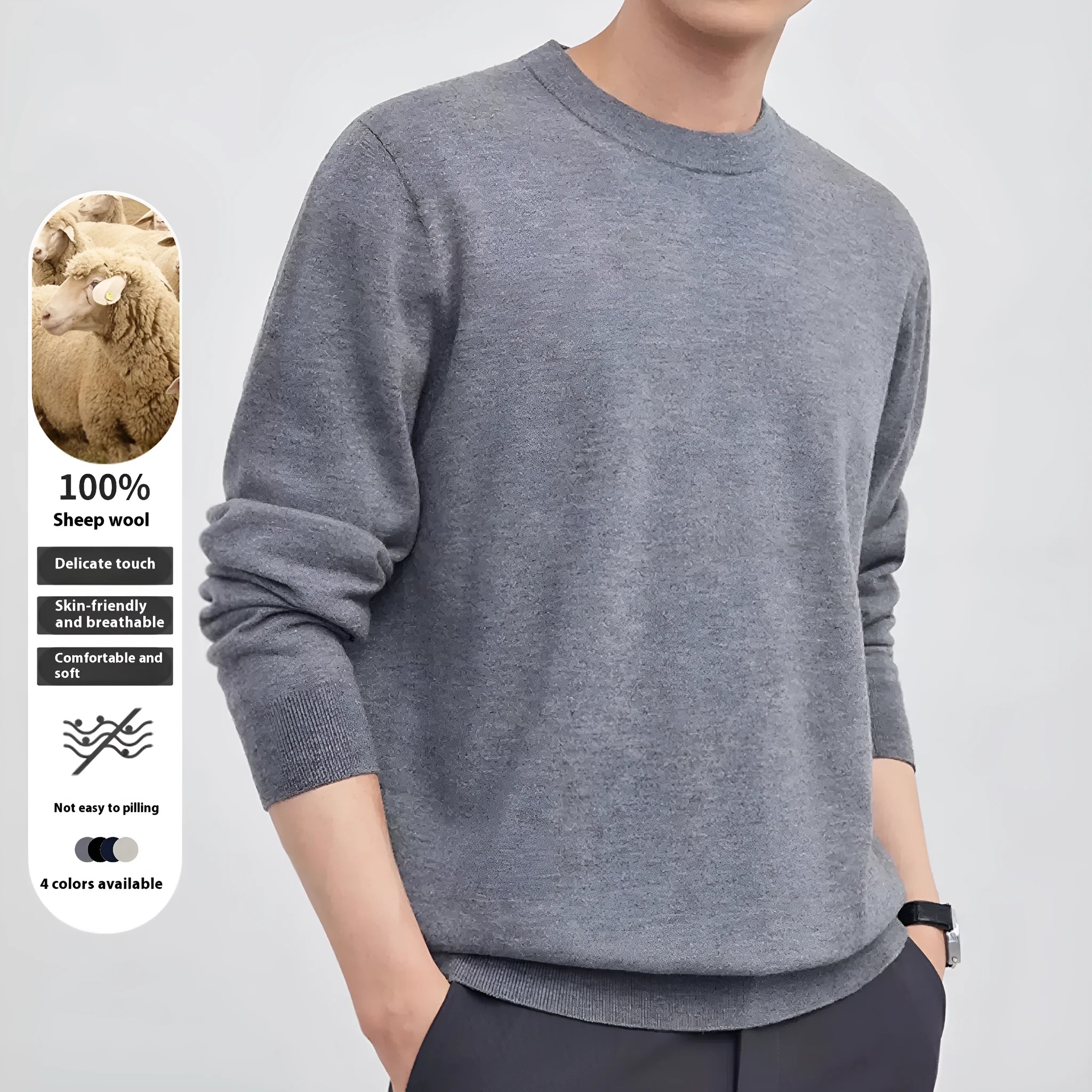 Men's regular fit wool pullover sweater in light camel colour, showing long sleeves and classic knit texture.