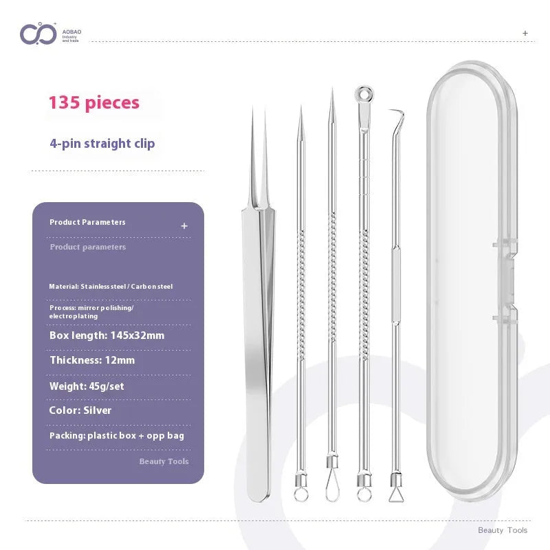 Four silver metal acne needles with pointed tips for skincare extraction.
