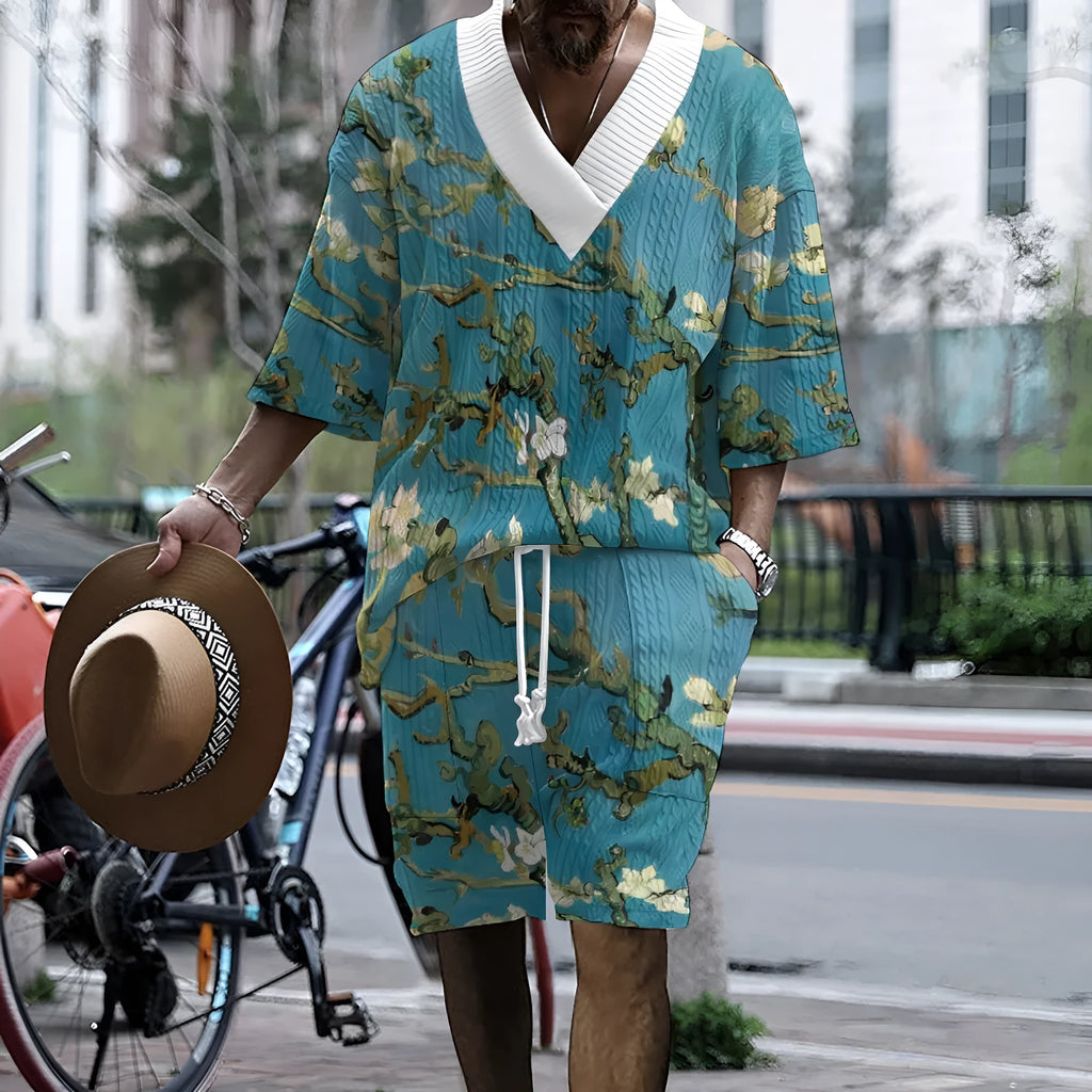 Men's peacock blue knitted shorts suit with 3D printed pattern, T-shirt jacket, and mid-length trousers