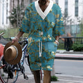 Men's peacock blue knitted shorts suit with 3D printed pattern, T-shirt jacket, and mid-length trousers