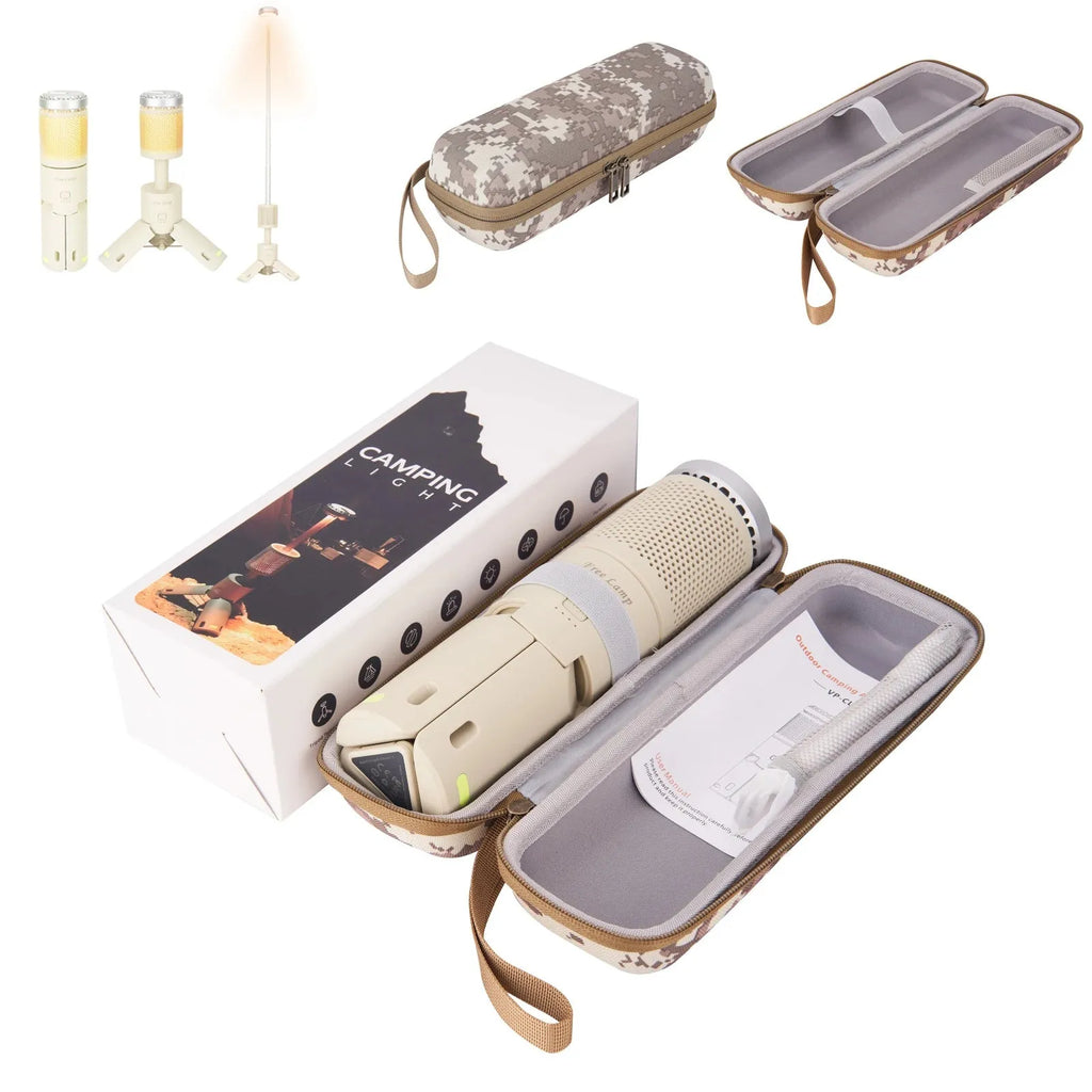 Portable camping LED light with battery power and button switch in creamy white or dark grey colours