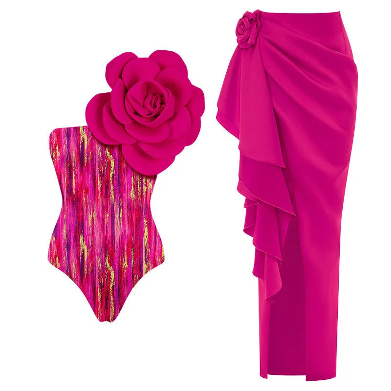 One-piece floral swimsuit on a hanger with optional matching skirt, showing European and American fit.