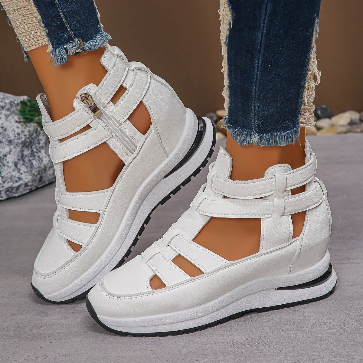 Black women's platform sandals with hollow-out design and Velcro strap