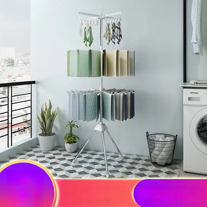 Three-layer stainless steel drying rack with mobile plastic clips for trousers, ties and socks