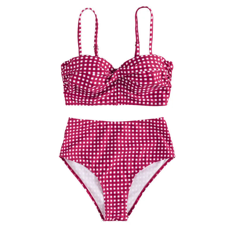 Women's high-waisted plaid split bikini swimsuit in polyester available in four colours