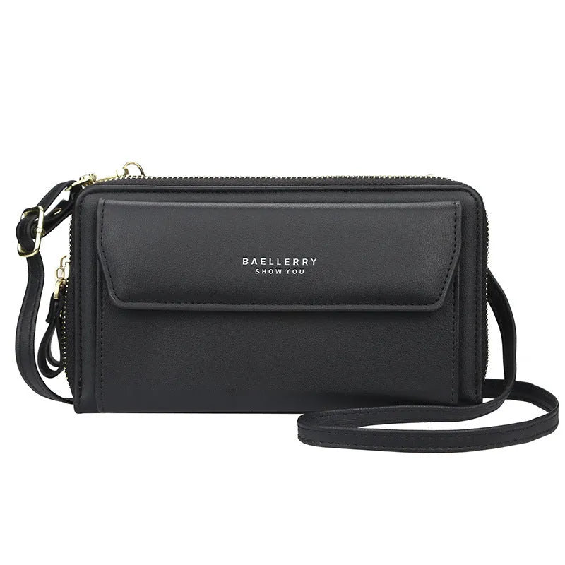 Ladies soft PU leather diagonal messenger wallet bag with double zipper in horizontal square shape